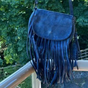 Navy Metallic-Sheen Leather Fringe Bag with Gold Spike and Feather Charm